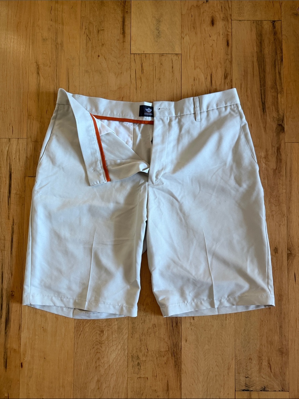 Dockers Men's Light Cream Flat Front Chino Shorts with Orange Trim